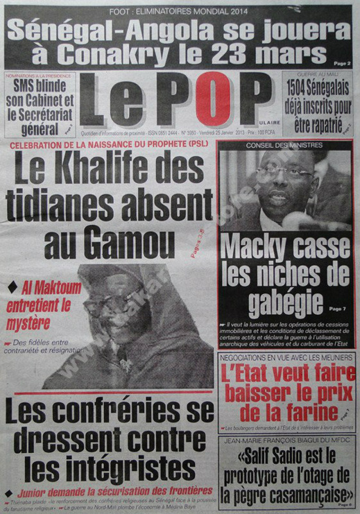 A la Une du Journal Le Populaire du vendredi 25 janvier 2013