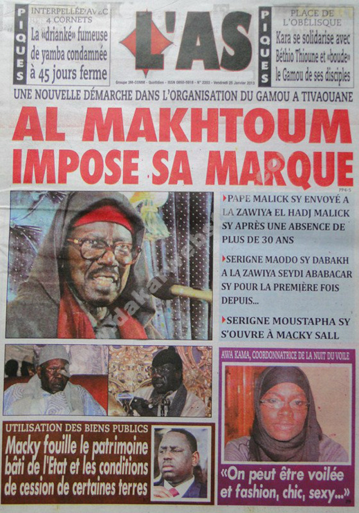 A la Une du Journal L'As du vendredi 25 janvier 2013