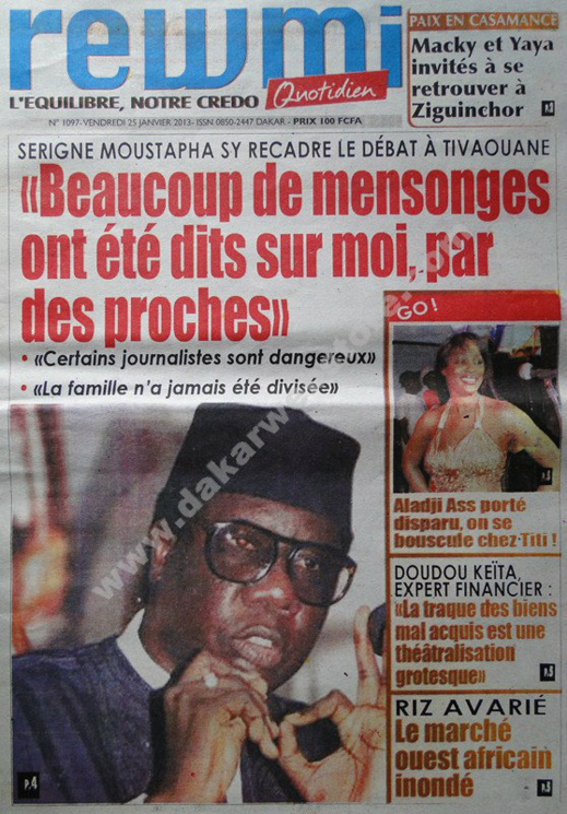 A la Une du Journal Rewmi du vendredi 25 janvier 2013