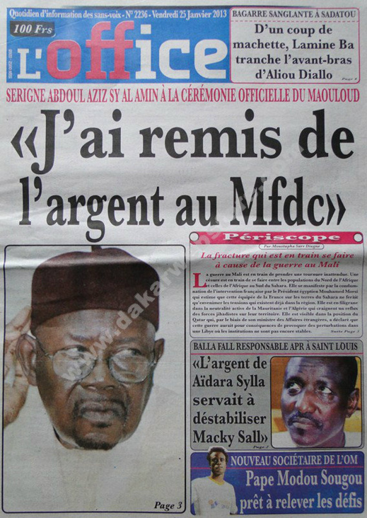 A la Une du Journal L'Office du vendredi 25 janvier 2013