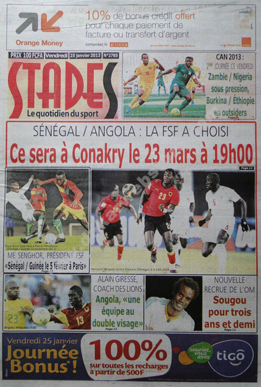 A la Une du Journal Stades du vendredi 25 janvier 2013