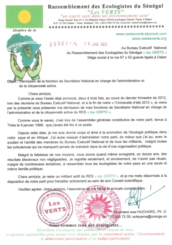 Voici la lettre de démission de Ousmane sow Huchard