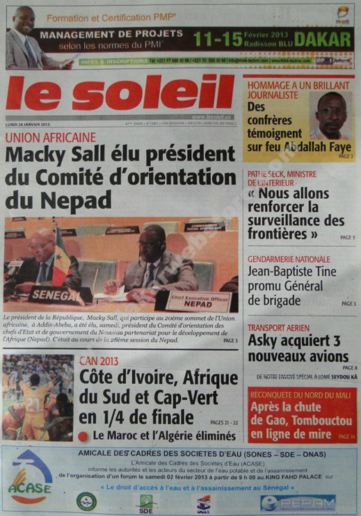 A la Une du Journal Le Soleil du lundi 28 janvier 2013