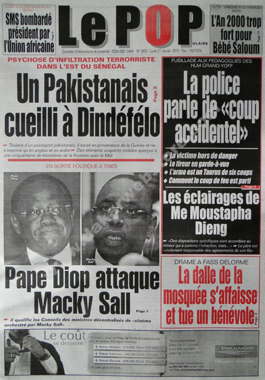A la Une du Journal Le Populaire du lundi 28 janvier 2013