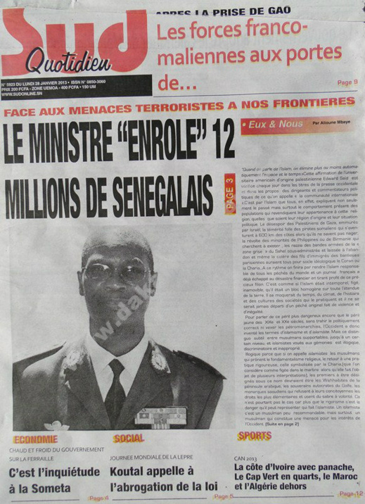 A la Une du Journal Sud Quotidien du lundi 28 janvier 2013