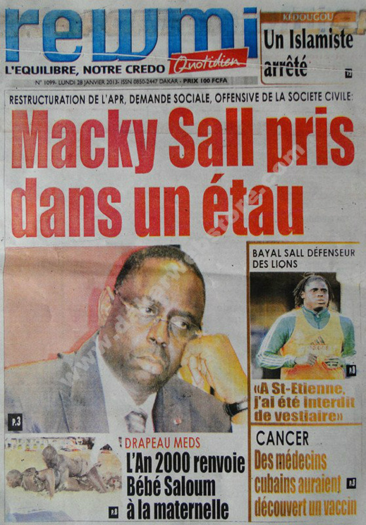 A la Une du Journal Rewmi du lundi 28 janvier 2013