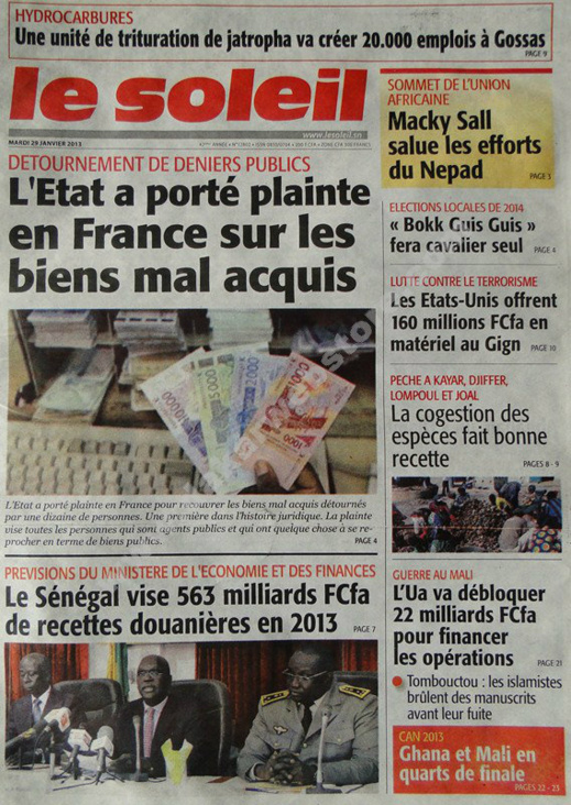 A la Une du Journal Le Soleil du mardi 29 janvier 2013