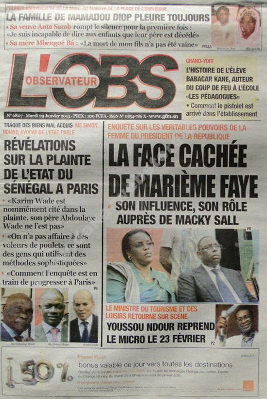 A la Une du Journal L'Observateur du mardi 29 janvier 2013