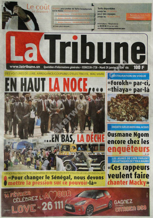 A la Une du Journal La Tribune du mardi 29 janvier 2013