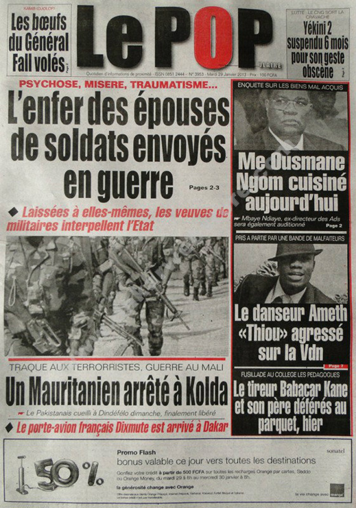 A la Une du Journal Le Populaire du mardi 29 janvier 2013