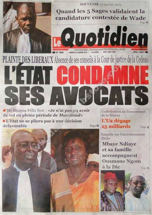 A la Une du Journal Le Quotidien du mardi 29 janvier 2013