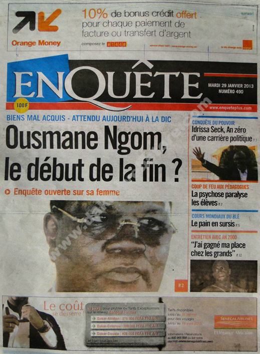 A la Une du Journal EnQuête du mardi 29 janvier 2013