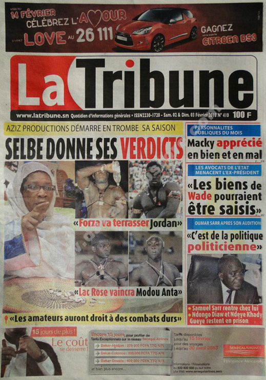 A la Une du Journal La Tribune du Samedi 02 février 2013