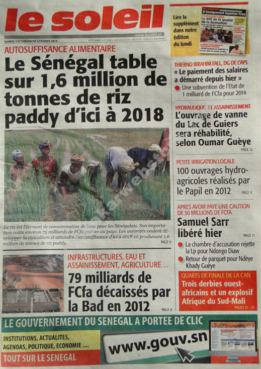 A la Une du Journal Le Soleil du Samedi 02 février 2013