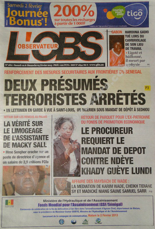 A la Une du Journal L'Observateur du Samedi 02 février 2013