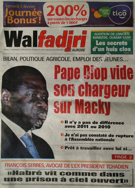A la Une du Journal Walfadjri du Samedi 02 février 2013