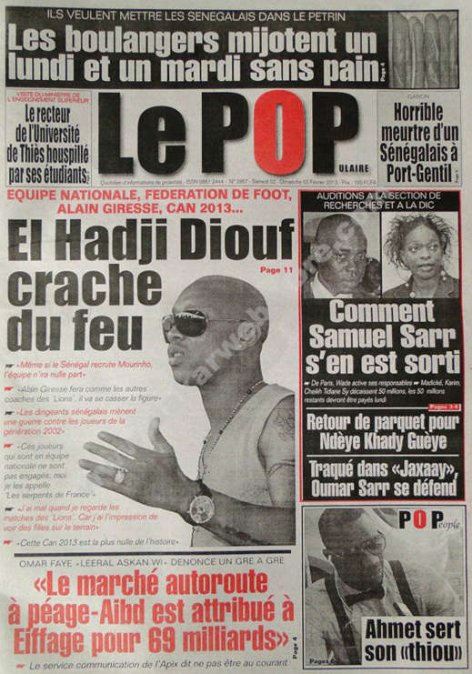 A la Une du Journal Le Populaire du Samedi 02 février 2013