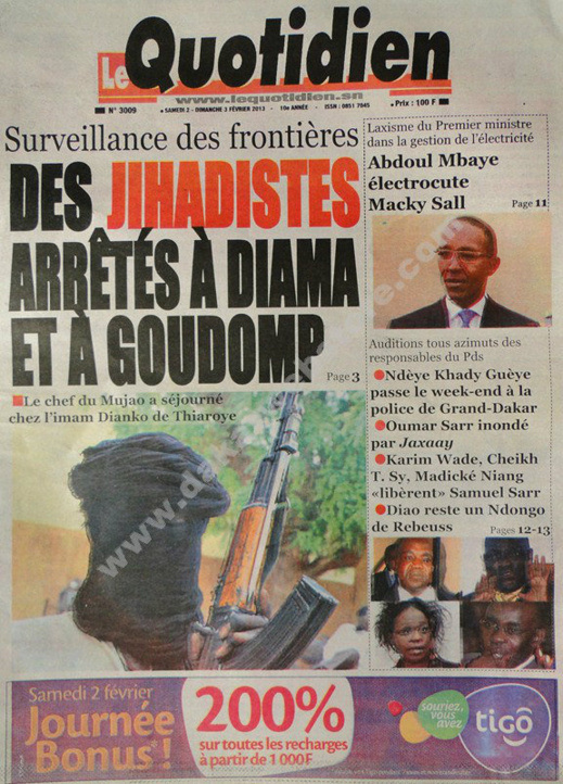 A la Une du Journal Le Quotidien du Samedi 02 février 2013