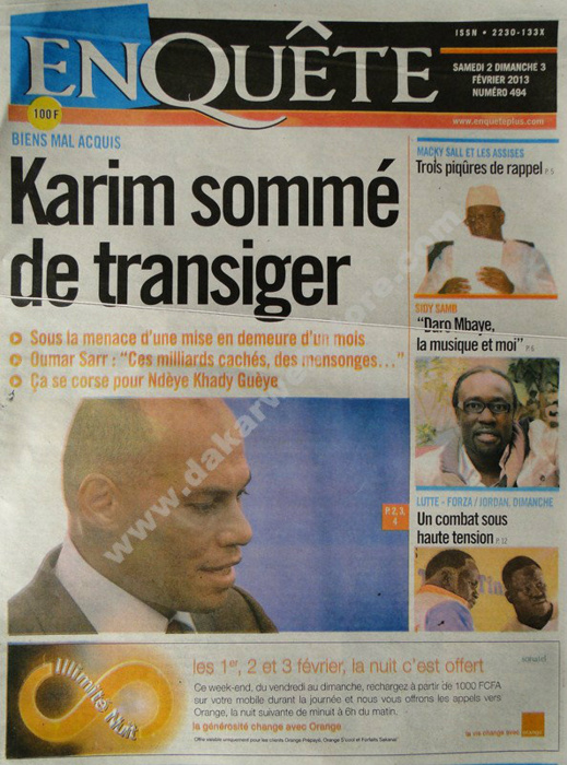 A la Une du Journal EnQuête du Samedi 02 février 2013