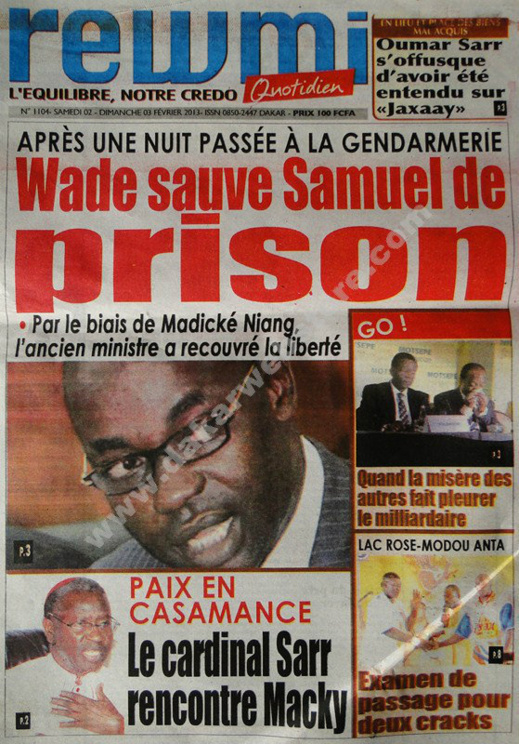 A la Une du Journal Rewmi du Samedi 02 février 2013