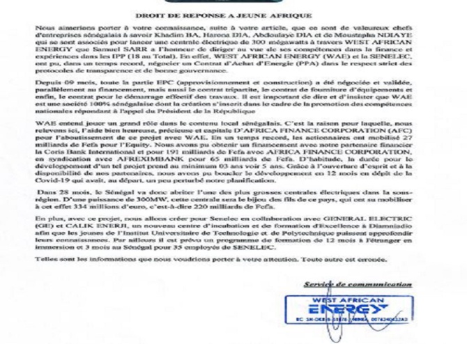 Article de  Jeune Afrique sur leur groupe: le Droit de réponse et éclairage de West African Energy