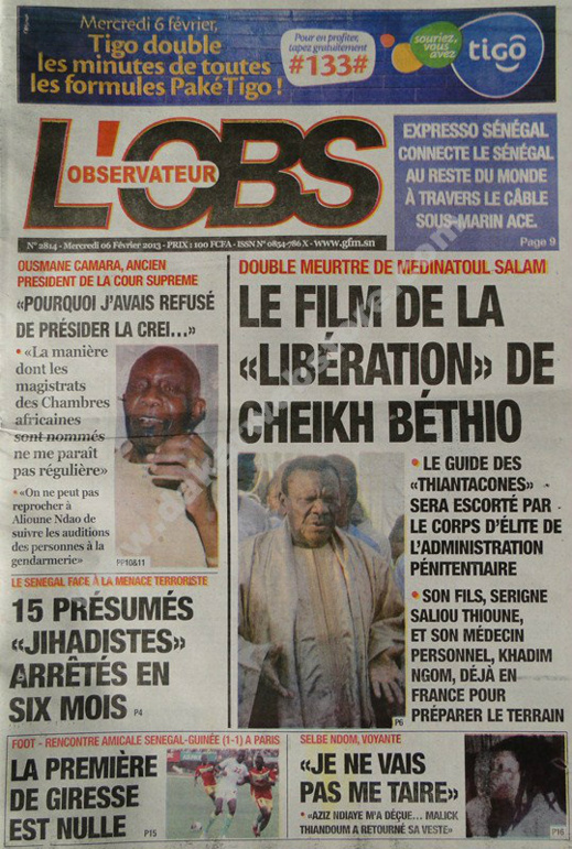 A la Une du Journal L'Observateur du mercredi 06 janvier 2013