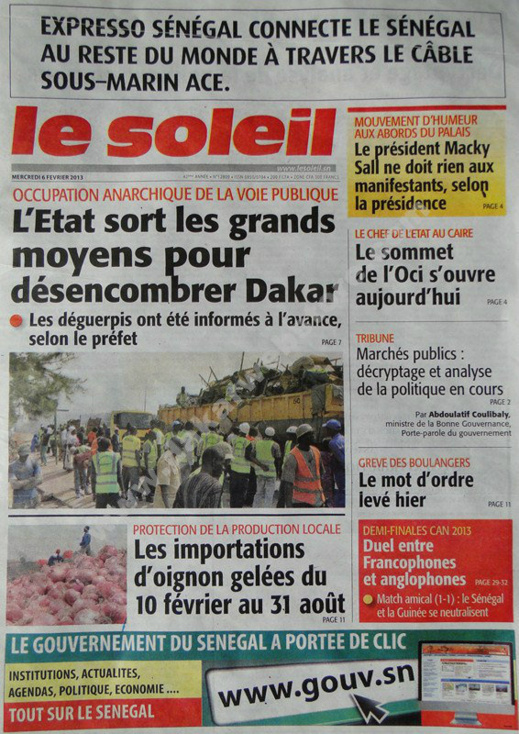 A la Une du Journal Le Soleil du mercredi 06 janvier 2013
