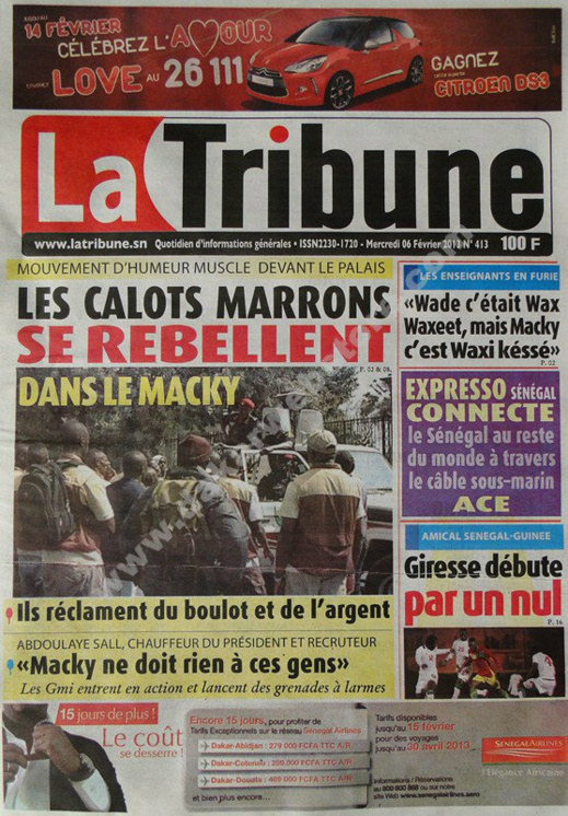 A la Une du Journal La Tribune du mercredi 06 janvier 2013