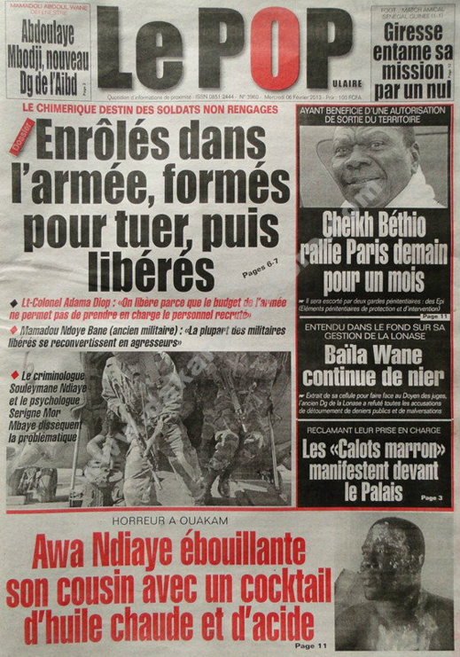 A la Une du Journal Populaire du mercredi 06 janvier 2013