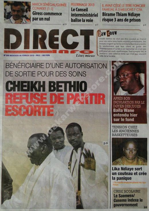 A la Une du Journal Direct Info du mercredi 06 janvier 2013