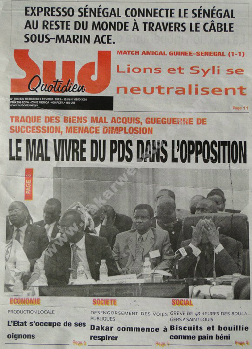 A la Une du Journal Sud Quotidien du mercredi 06 janvier 2013