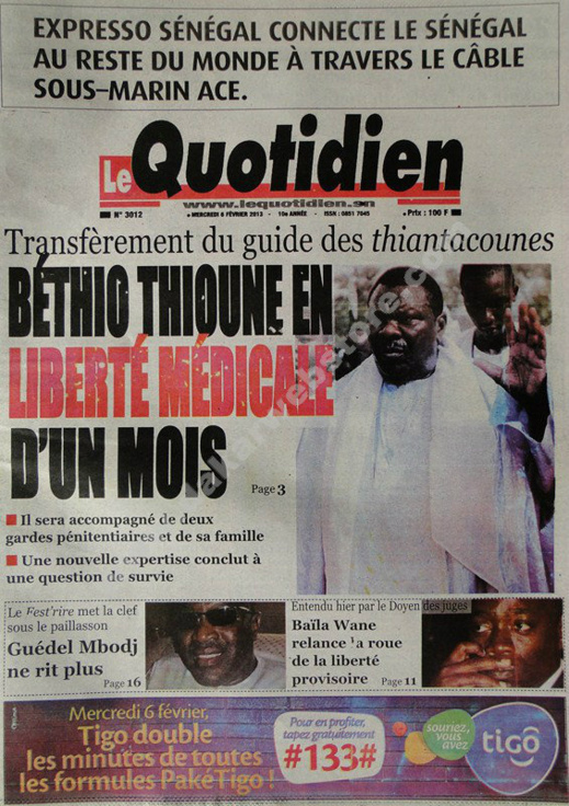 A la Une du Journal Quotidien du mercredi 06 janvier 2013