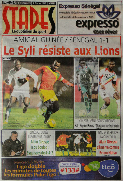 A la Une du Stades du mercredi 06 janvier 2013