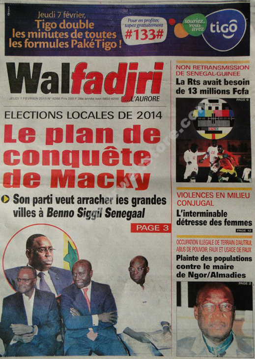 A la Une du Journal Walfadjri du jeudi 07 février 2013