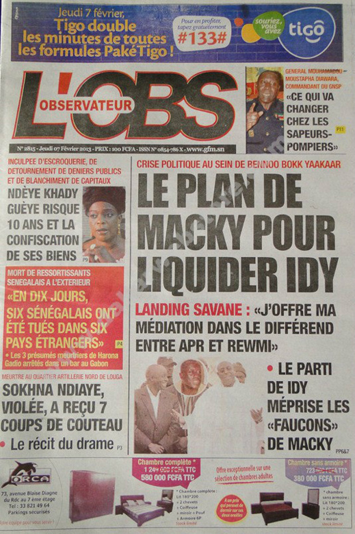 A la Une du Journal L'Observateur du jeudi 07 février 2013