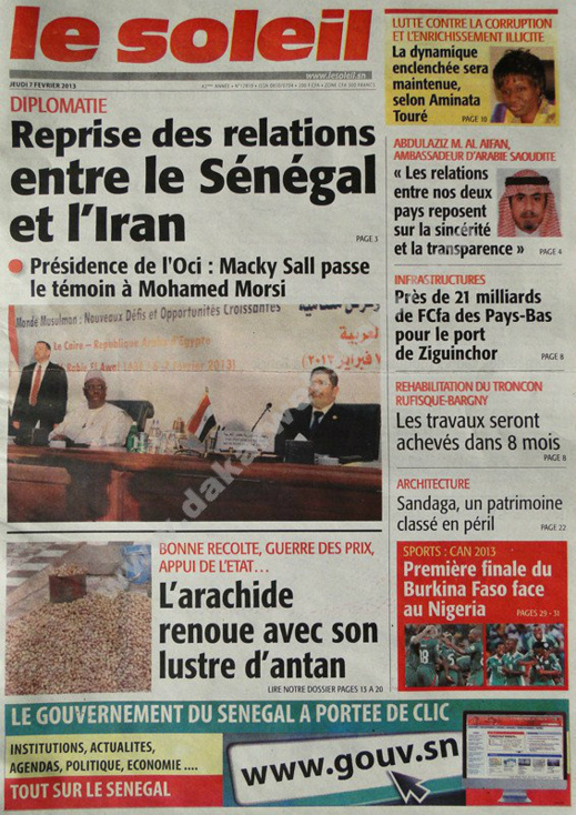 A la Une du Journal Le Soleil du jeudi 07 février 2013