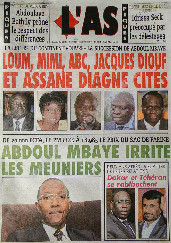 A la Une du Journal L'As du jeudi 07 février 2013