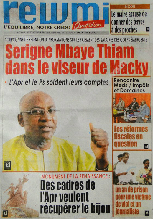 A la Une du Journal Rewmi du jeudi 07 février 2013