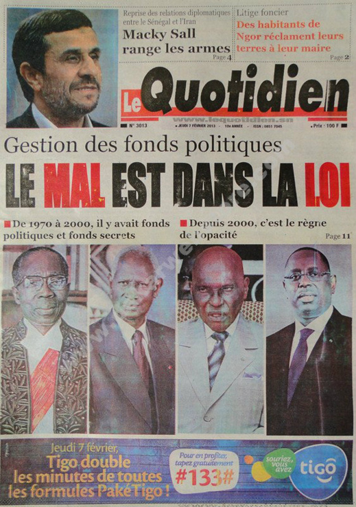 A la Une du Journal Quotidien du jeudi 07 février 2013
