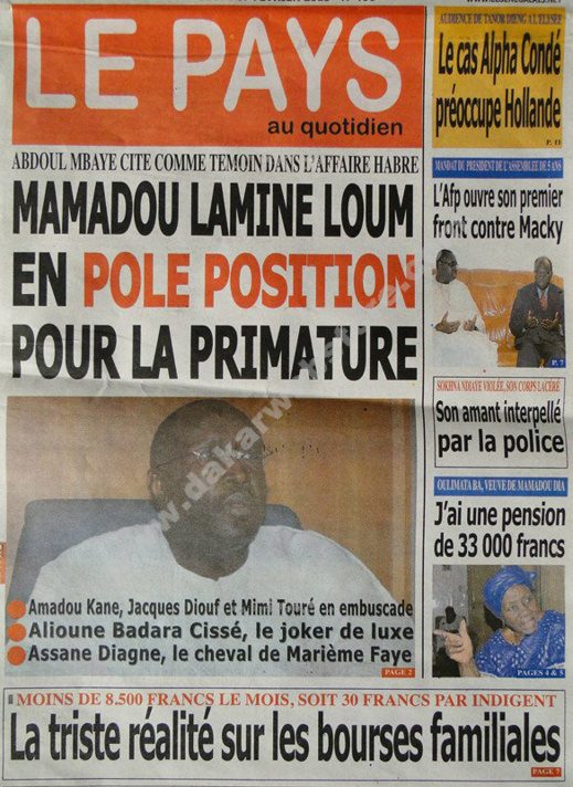 A la Une du Journal Le Pays du jeudi 07 février 2013