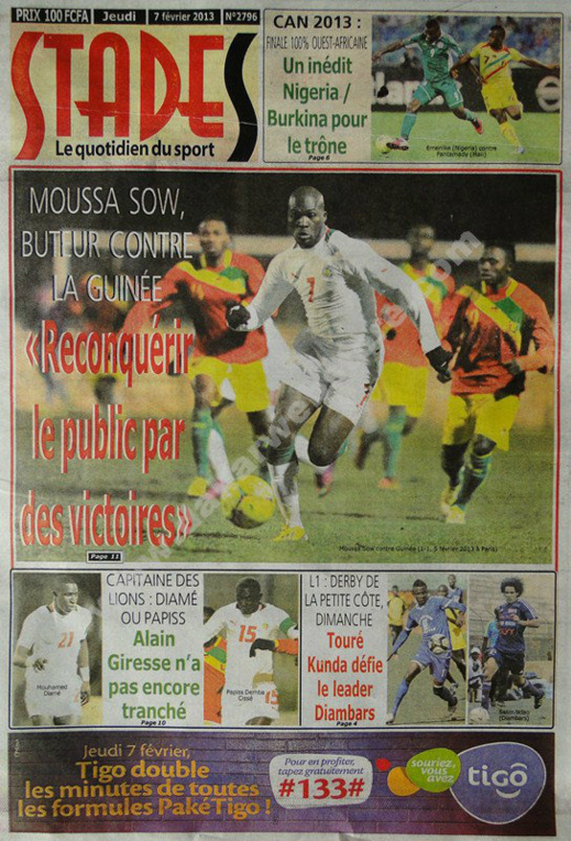 A la Une du Journal Stades du jeudi 07 février 2013