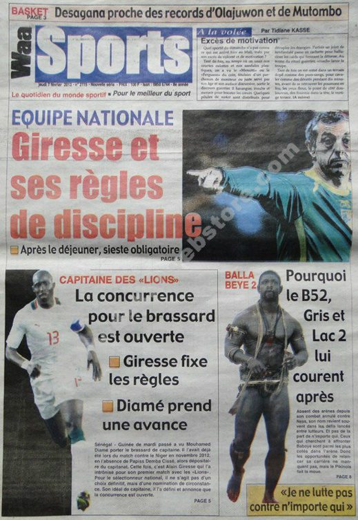 A la Une du Journal Waa Sports du jeudi 07 février 2013