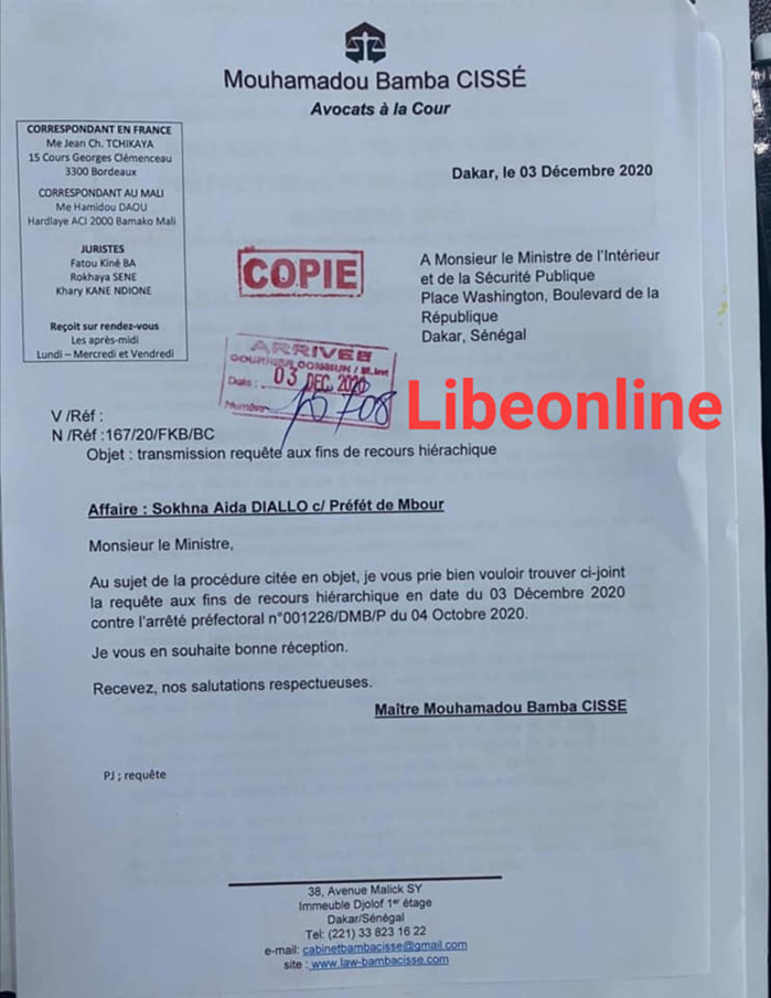 Retour hiérarchique: Sokhna Aïda Diallo traîne le Préfet de Mbour devant le ministre de l'Intérieur Retour hiérarchique: Sokhna Aïda Diallo traîne le Préfet de Mbour devant le ministre de l'Intérieur
