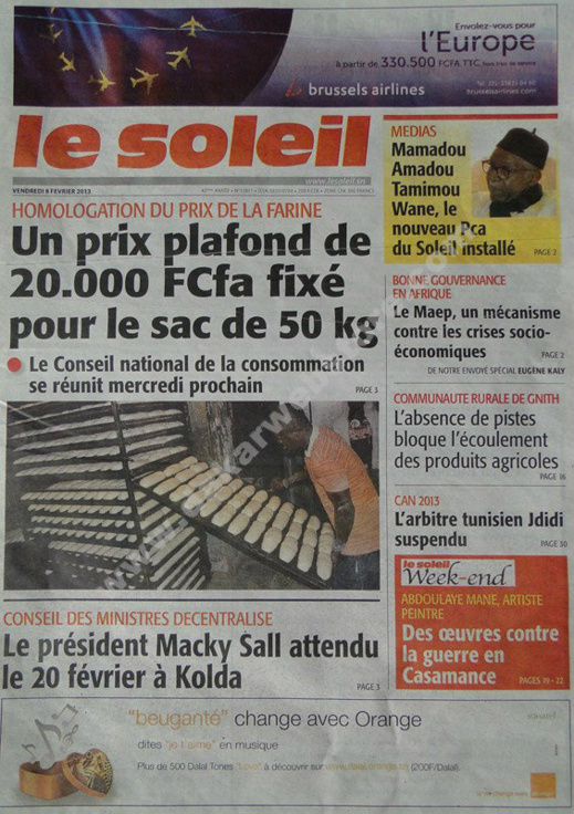 A la Une du Journal Le Soleil du vendredi 08 février 2013