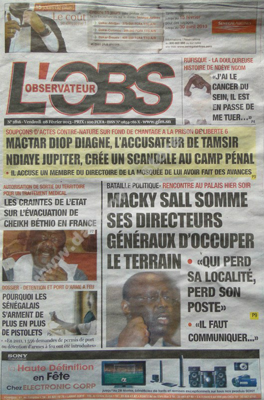 A la Une du Journal L'Observateur du vendredi 08 février 2013
