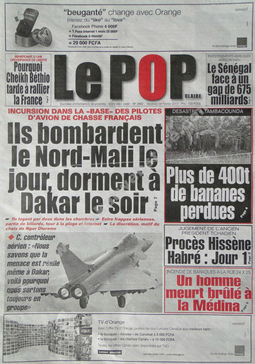 A la Une du Journal Le Populaire du vendredi 08 février 2013