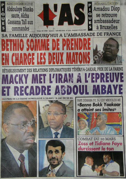 A la Une du Journal L'As du vendredi 08 février 2013