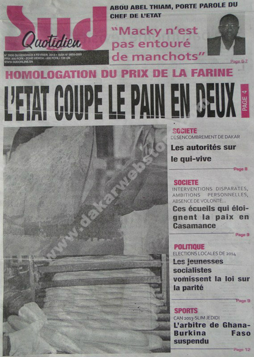 A la Une du Journal Sud Quotidien du vendredi 08 février 2013