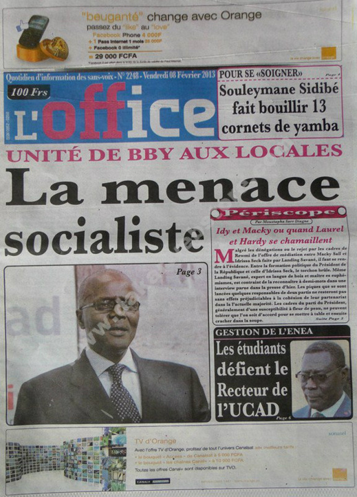 A la Une du Journal L'Office du vendredi 08 février 2013