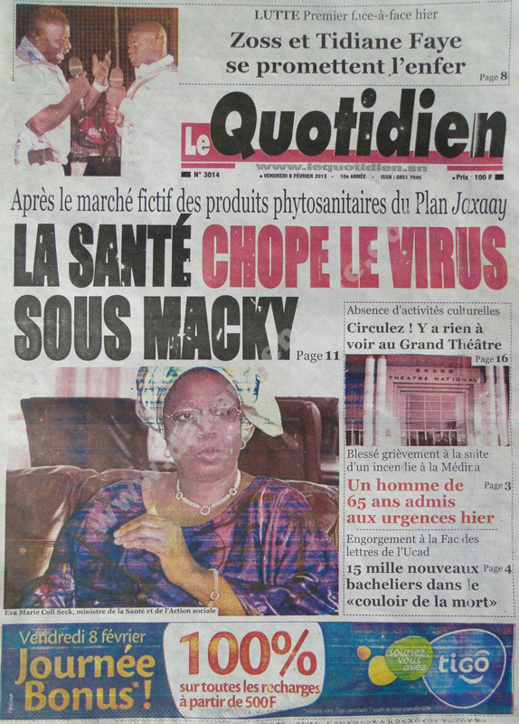 A la Une du Journal Le Quotidien du vendredi 08 février 2013